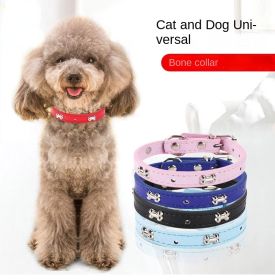 Pet bones pet collar PU dog collar adjustable cat collar pet jewelry (Color: Black, size: 1.2*33cm)