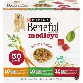 Purina Beneful Medleys Wet Dog Food Variety Pack Chicken Lamb Beef 3 oz Cans (30 Pack)