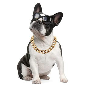 Pet gold collar Dog Chain Collar Keji Teddy Fadou domineering big gold necklace cat playing cool jewelry big gold chain (Color: silvery, size: 45cm necklace +7cm adjusting chain)
