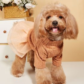 Small & Medium Dogs Solid Color Twist Knit Turtleneck Spliced Mesh Skirt; warm Dog Sweater For Winter (Color: Orange, size: M)