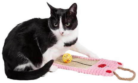 Pet Life Eco-Natural Sisal And Jute Hanging Carpet Kitty Cat Scratcher Lounge With Toy (Color: Pink)