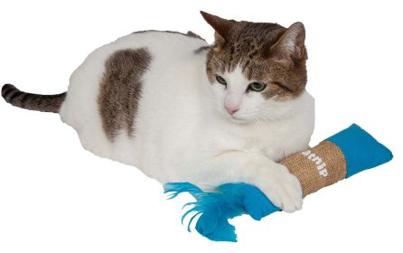 Pet Life Rectangular Duffle Crinkle Plush Faux Fur Teaser Catnip Kitty Cat Toy (Color: Blue)